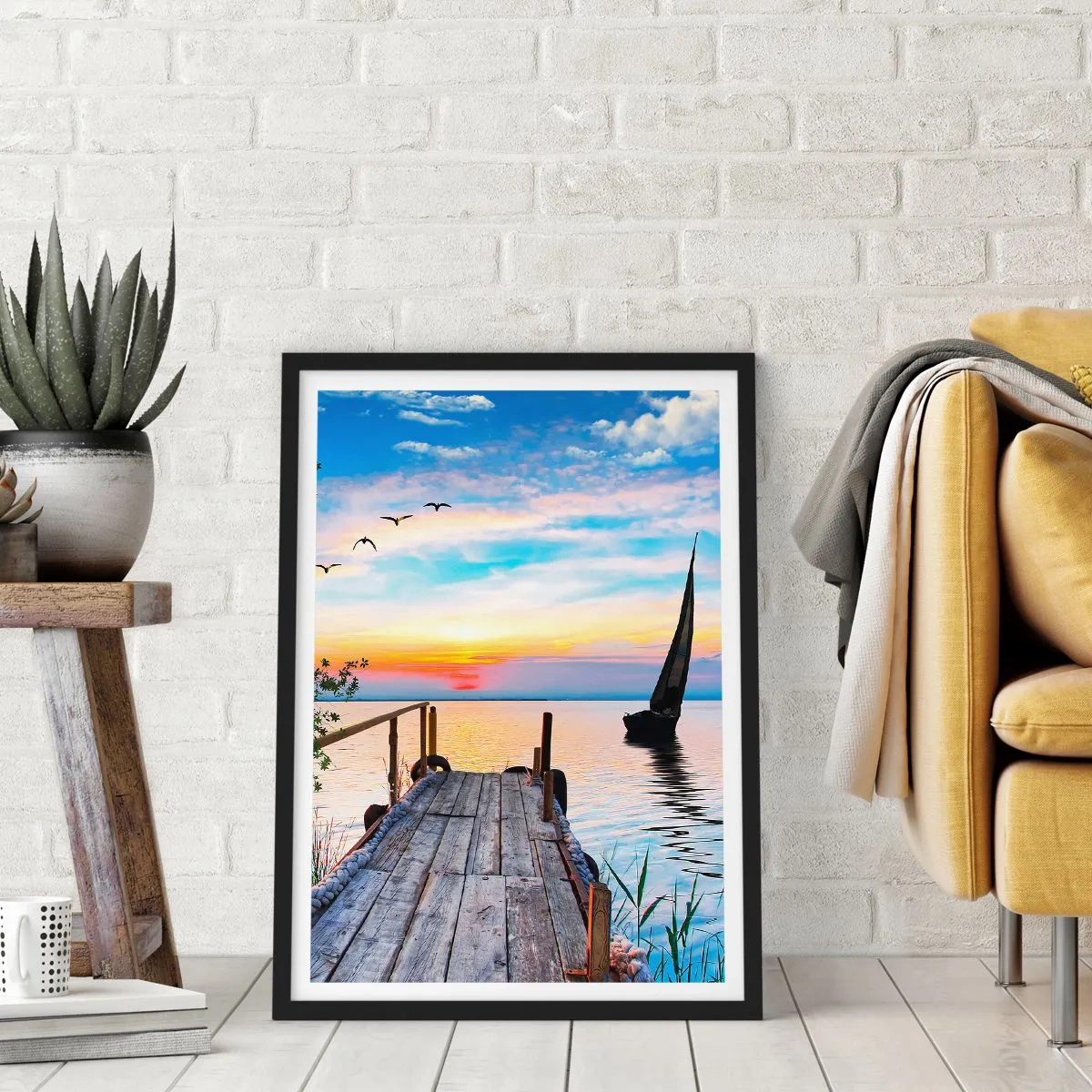 Poszter fehér keretben - Lakeside móló naplementekor - 50x70cm - Kellemes este - Modern fali dekoráció nappalihoz és hálószobához ARTTOR