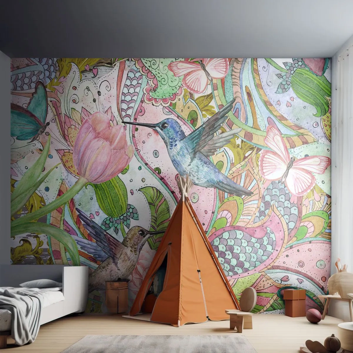 Öntapadós Fotótapéta Deluxe Sticker - Szőlőbe gabalyodva - Virágok, Madár, Pillangó - 350x256 cm