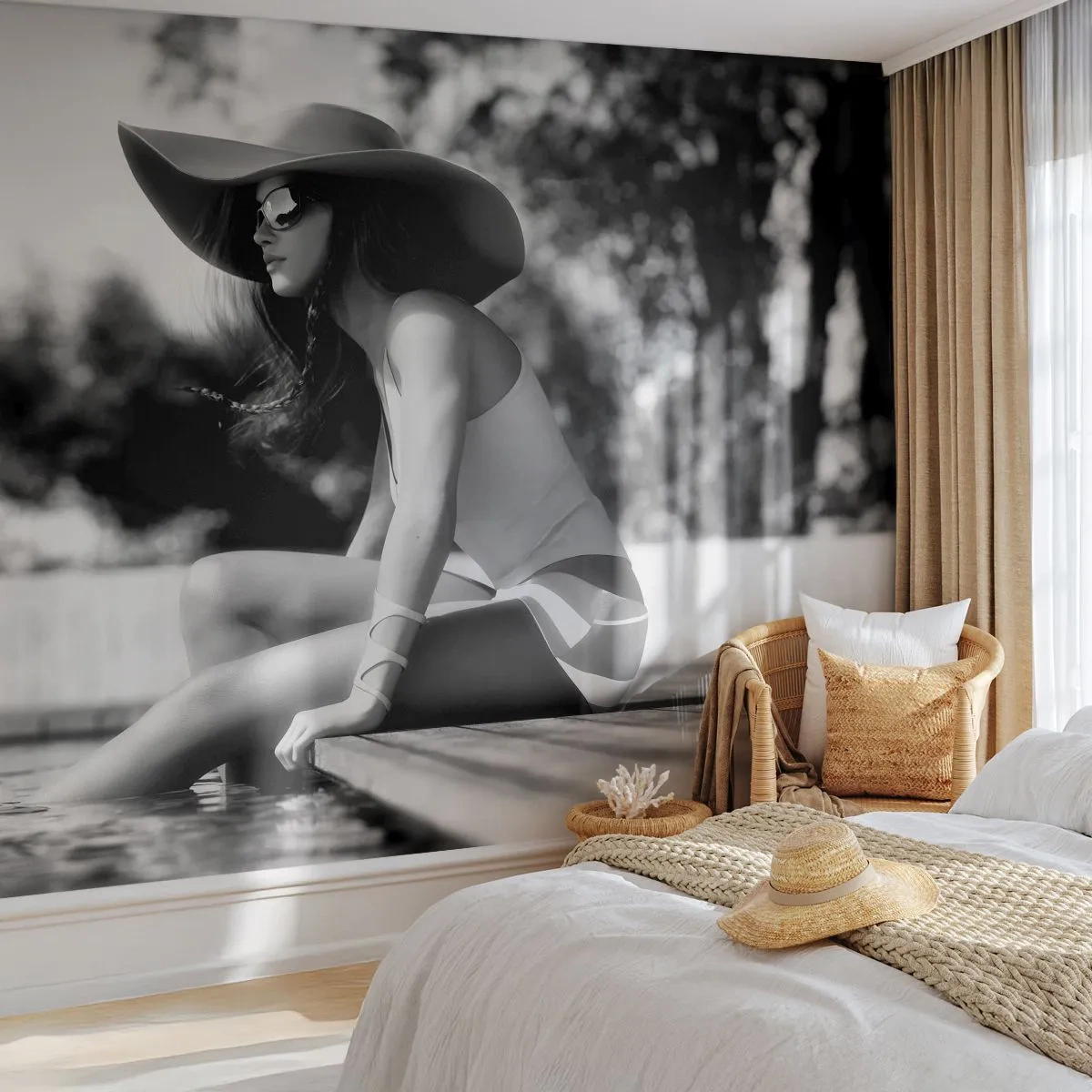 Fotótapéta Premium Sand - Egy nyári álom - Nő, Kalap, Úszómedence - 450x315 cm