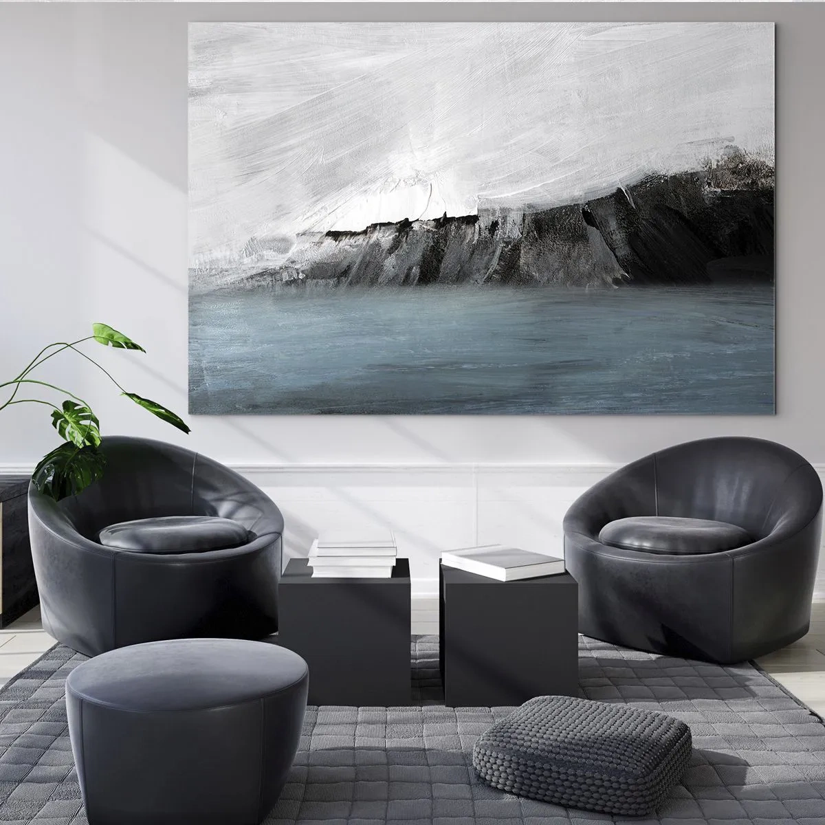 Üveg kép - Absztrakt kompozíció kék, fehér és fekete árnyalatokban - 70x50cm - Víz - föld: az elemek összecsapása - Modern fali dekoráció nappalihoz és hálószobához ARTTOR