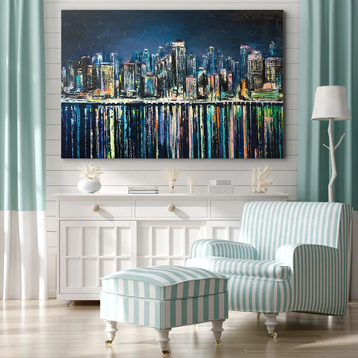 Vászonkép - Az éjszakai város panorámája tükröződik a vízben - 70x50cm - Lámpák kaszkádja - Modern fali dekoráció nappalihoz és hálószobához ARTTOR