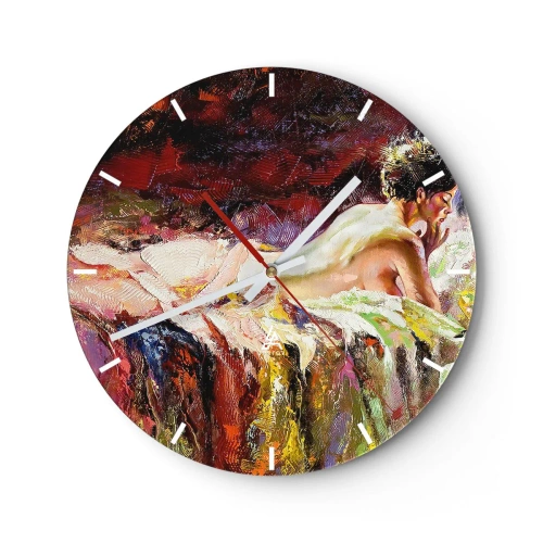 Falióra, Óra - Egy fekvő alak művészi ábrázolása színes absztrakt háttér előtt. - 30x30cm - Töprengő Vénusz - Modern fali dekoráció nappalihoz, konyhához és hálószobához ARTTOR