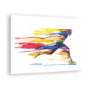 Üveg kép - Dinamikus színekben futó absztrakt sziluettje - 70x50cm - Futás a szivárványon - Modern fali dekoráció nappalihoz és hálószobához ARTTOR