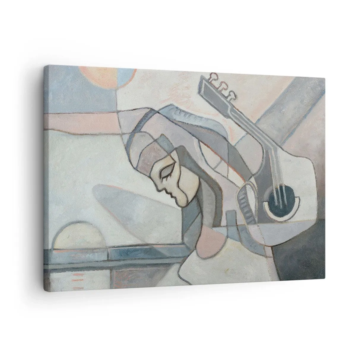 Vászonkép - Egy absztrakt figura pasztellszínű gitárral. - 70x50cm - A zene erejében - Modern fali dekoráció nappalihoz és hálószobához ARTTOR