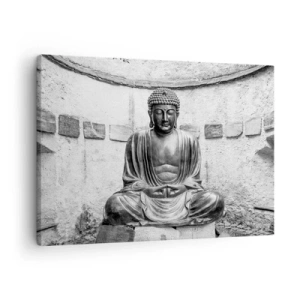 Vászonkép - Fekete-fehér Buddha-szobor meditatív pózban - 70x50cm - A béke forrásánál - Modern fali dekoráció nappalihoz és hálószobához ARTTOR