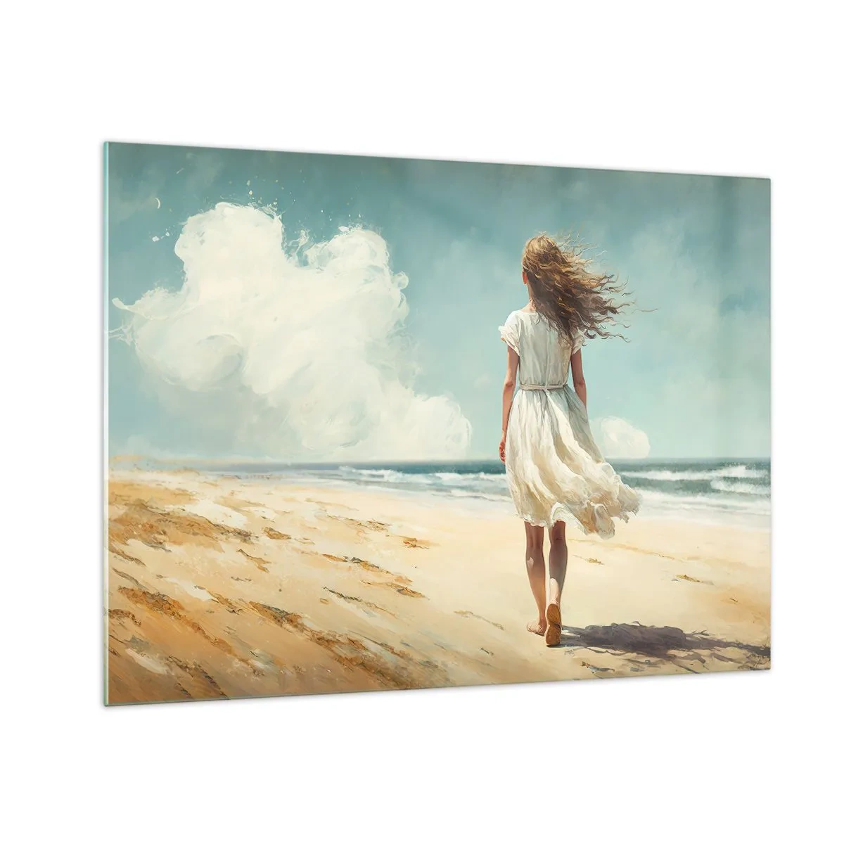 Üveg kép - Egy fehér ruhás nő mezítláb sétál a napsütötte tengerparton - 70x50cm - Találkozás a nappal és a széllel - Modern fali dekoráció nappalihoz és hálószobához ARTTOR