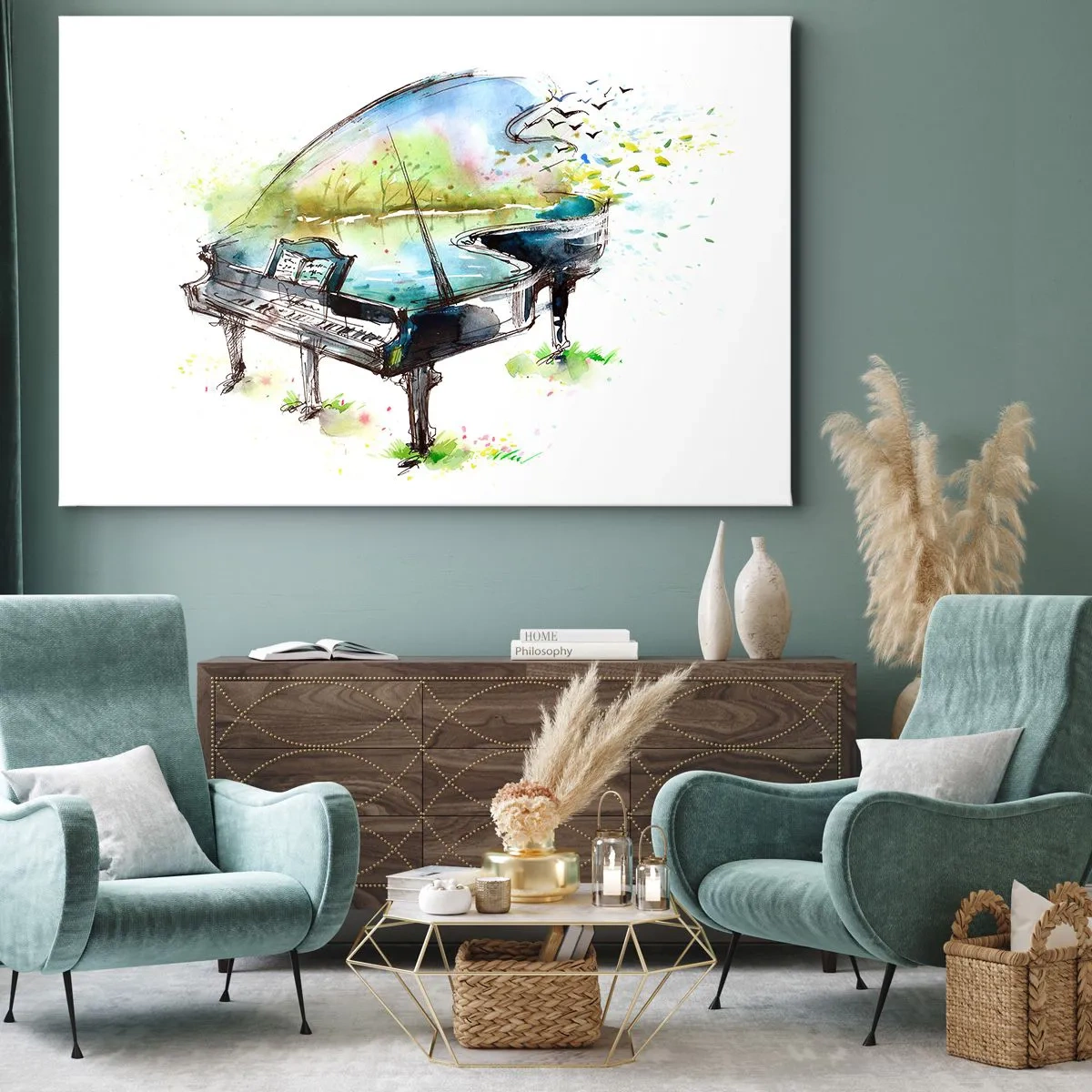 Vászonkép - Művészi akvarellfestmény egy zongoráról, a háttérben a természettel - 70x50cm - Elvarázsolt a zenében - Modern fali dekoráció nappalihoz és hálószobához ARTTOR