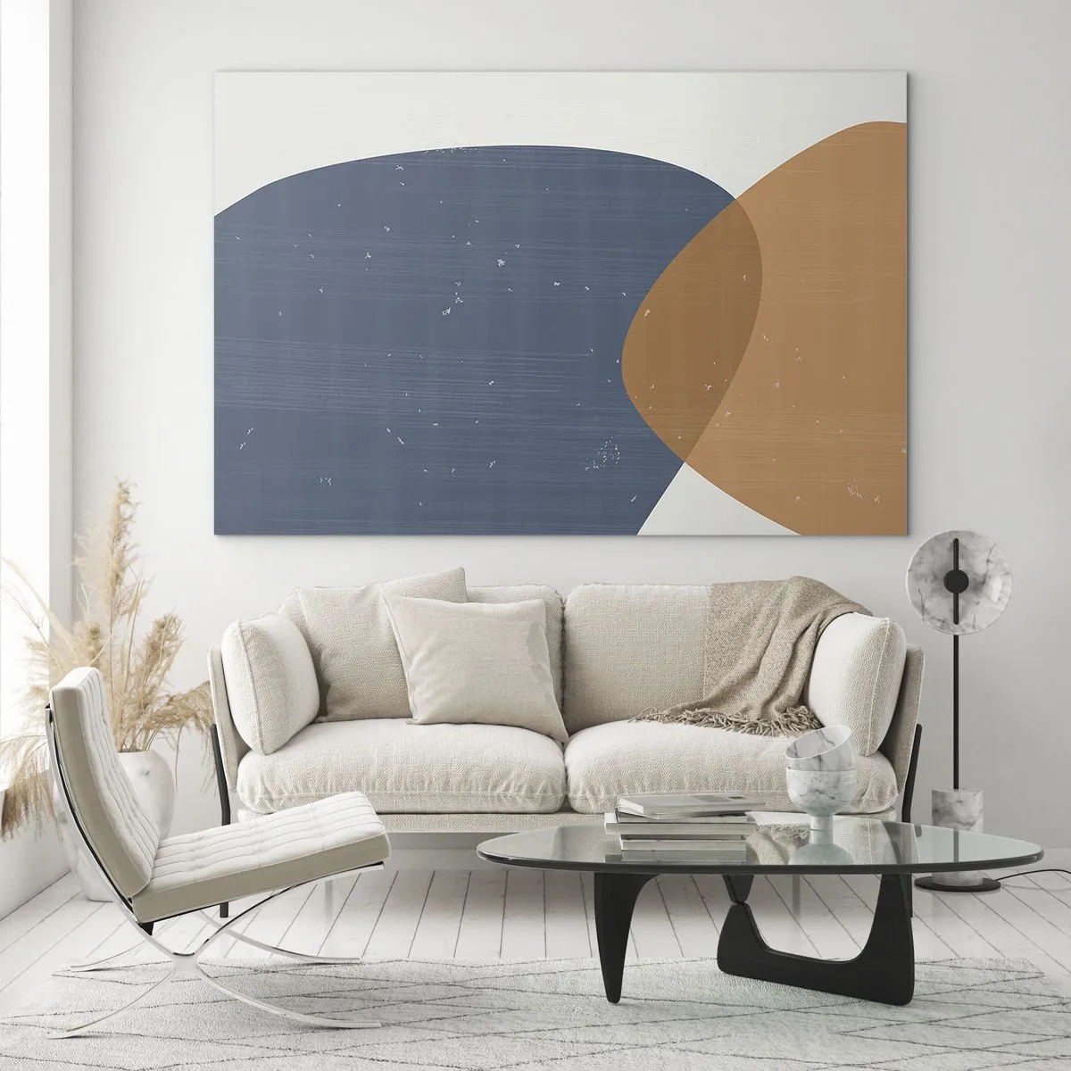 Üveg kép - Geometrikus kompozíció sötétkék és bézs oválisokkal - 70x50cm - Oválisok és hatások - Modern fali dekoráció nappalihoz és hálószobához ARTTOR