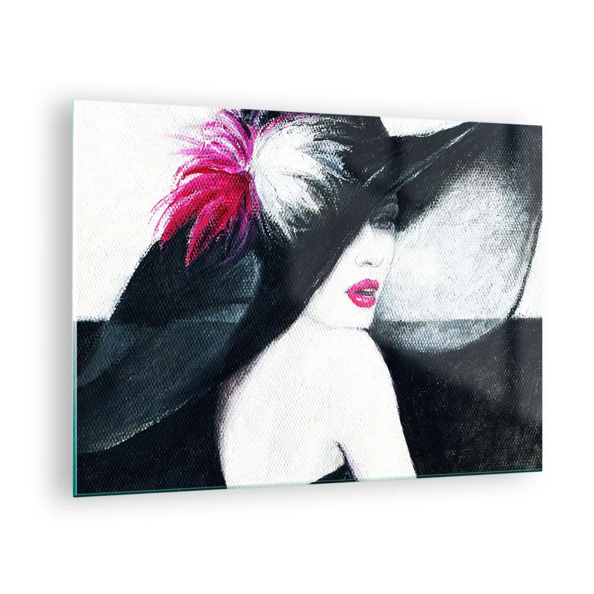 Üveg kép - Portré egy nőről egy nagy kalapban, rózsaszín tollal - 70x50cm - Mindig titok - Modern fali dekoráció nappalihoz és hálószobához ARTTOR