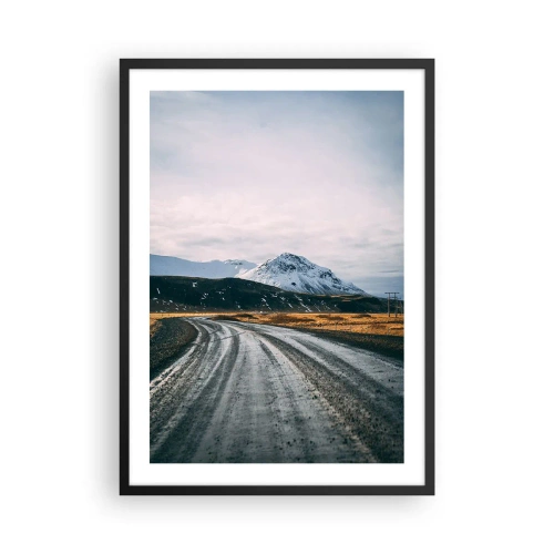 Poszter fehér keretben - Egy út vezet a hófödte hegyek felé - 50x70cm - Izlandi hangulatban - Modern fali dekoráció nappalihoz és hálószobához ARTTOR