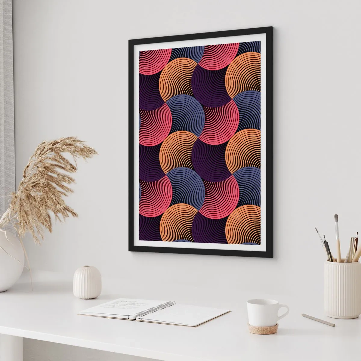 Poszter fehér keretben - Geometrikus minta színes, koncentrikus körökkel - 50x70cm - Körkörös ritmusban - Modern fali dekoráció nappalihoz és hálószobához ARTTOR