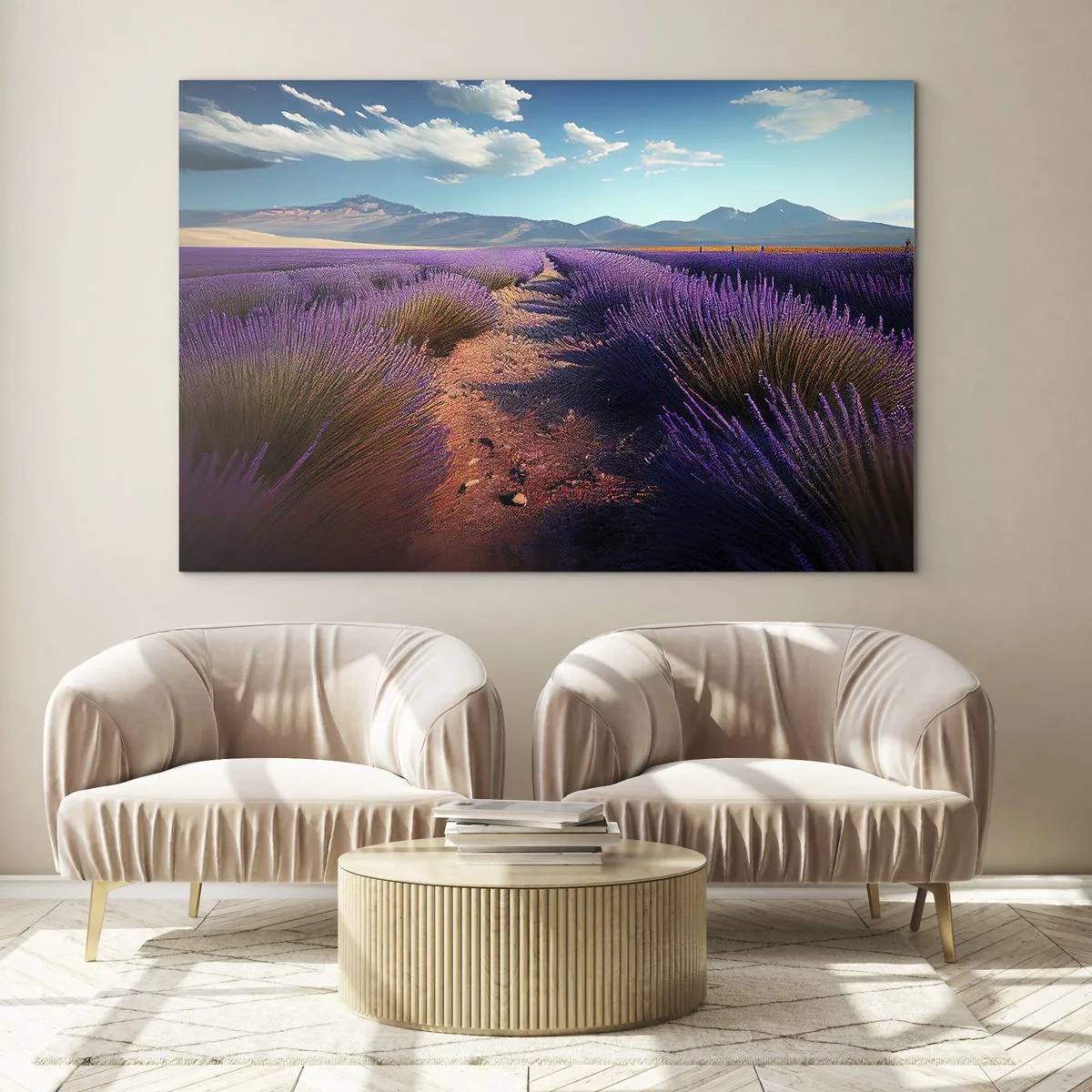 Üveg kép - Levendulamezők naplementekor, kilátással a hegyekre - 70x50cm - Illatos mezők - Modern fali dekoráció nappalihoz és hálószobához ARTTOR
