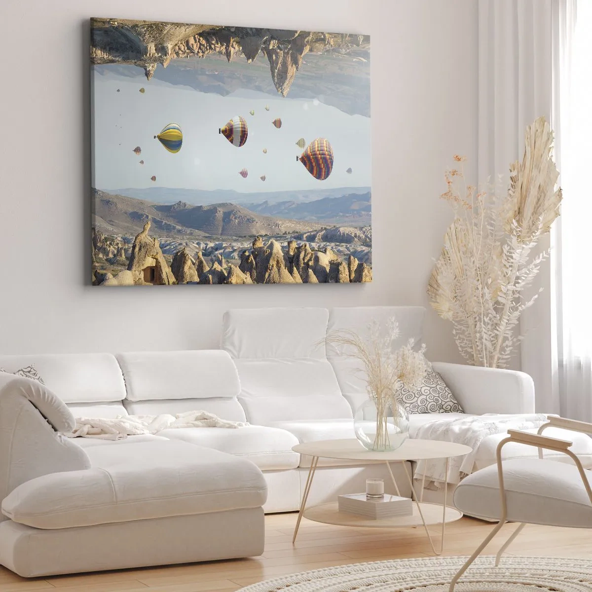Vászonkép - Színes léggömbök egy sziklás táj felett - 70x50cm - Itt minden lehetséges - Modern fali dekoráció nappalihoz és hálószobához ARTTOR