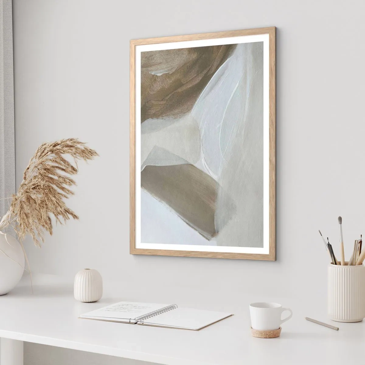 Poszter világos tölgy keretben - Fehér hullámai - 50x70 cm