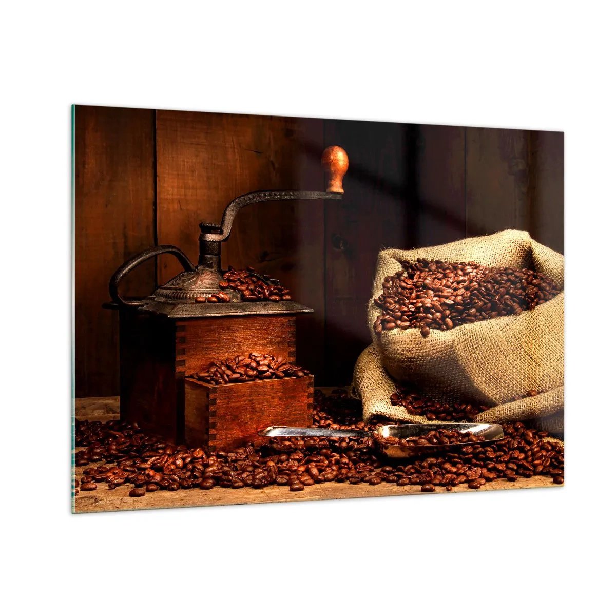 Üveg kép - Csendélet szemes kávéval és darálóval - 100x70 cm