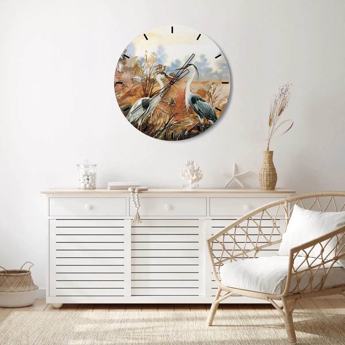 Falióra, Óra - Két daru őszi akvarell tájképen - 30x30cm - Hová ősszel? - Modern fali dekoráció nappalihoz, konyhához és hálószobához ARTTOR