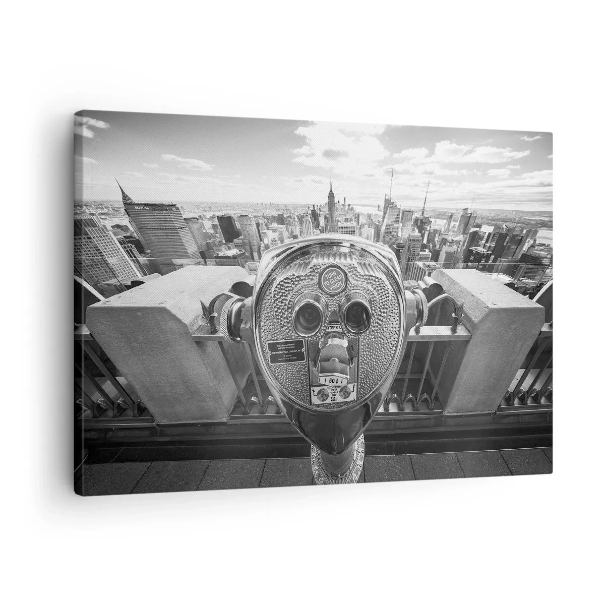 Vászonkép - Fekete-fehér kilátás a város panorámájára a távcsövön keresztül - 70x50cm - A városok városa - Modern fali dekoráció nappalihoz és hálószobához ARTTOR