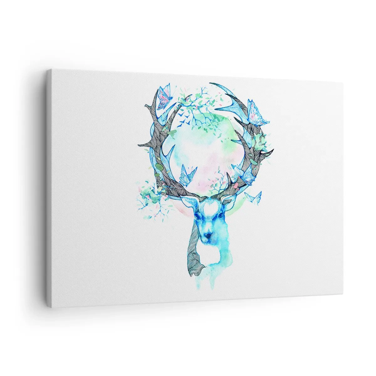Vászonkép - Egy szeszélyes szarvas grafika természettel és pillangóval - 70x50cm - A természet ereje és gyengédsége - Modern fali dekoráció nappalihoz és hálószobához ARTTOR