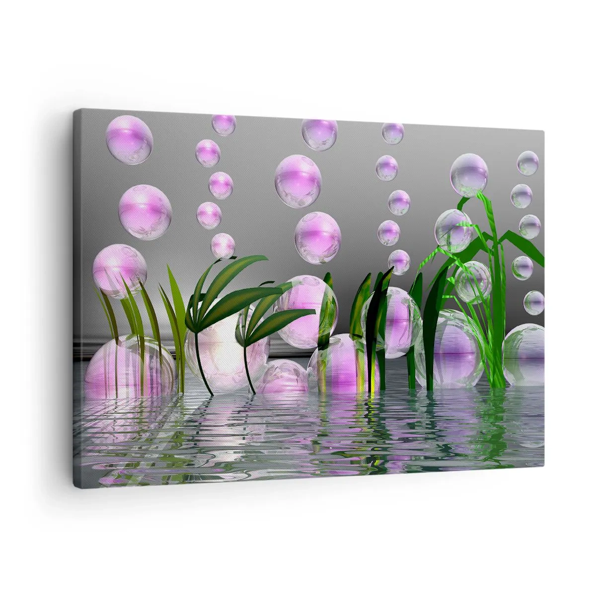 Vászonkép - Zöld levelek és rózsaszín buborékok a víz felett szürke háttéren - 70x50cm - A könnyedség és az élet tükröződő kompozíciója - Modern fali dekoráció nappalihoz és hálószobához ARTTOR