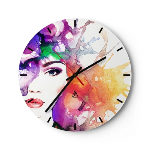 Falióra, Óra - Absztrakt női arc színes foltokkal körülvéve - 30x30cm - Fejjel a felhőkben - Modern fali dekoráció nappalihoz, konyhához és hálószobához ARTTOR