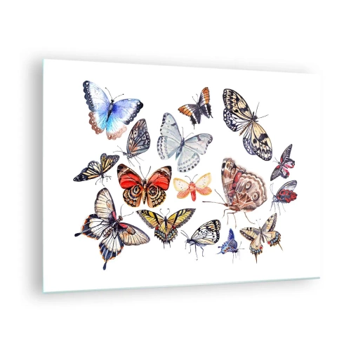 Üveg kép - Színes pillangók művészi kompozícióban - 70x50cm - Csipkés, színes raj - Modern fali dekoráció nappalihoz és hálószobához ARTTOR