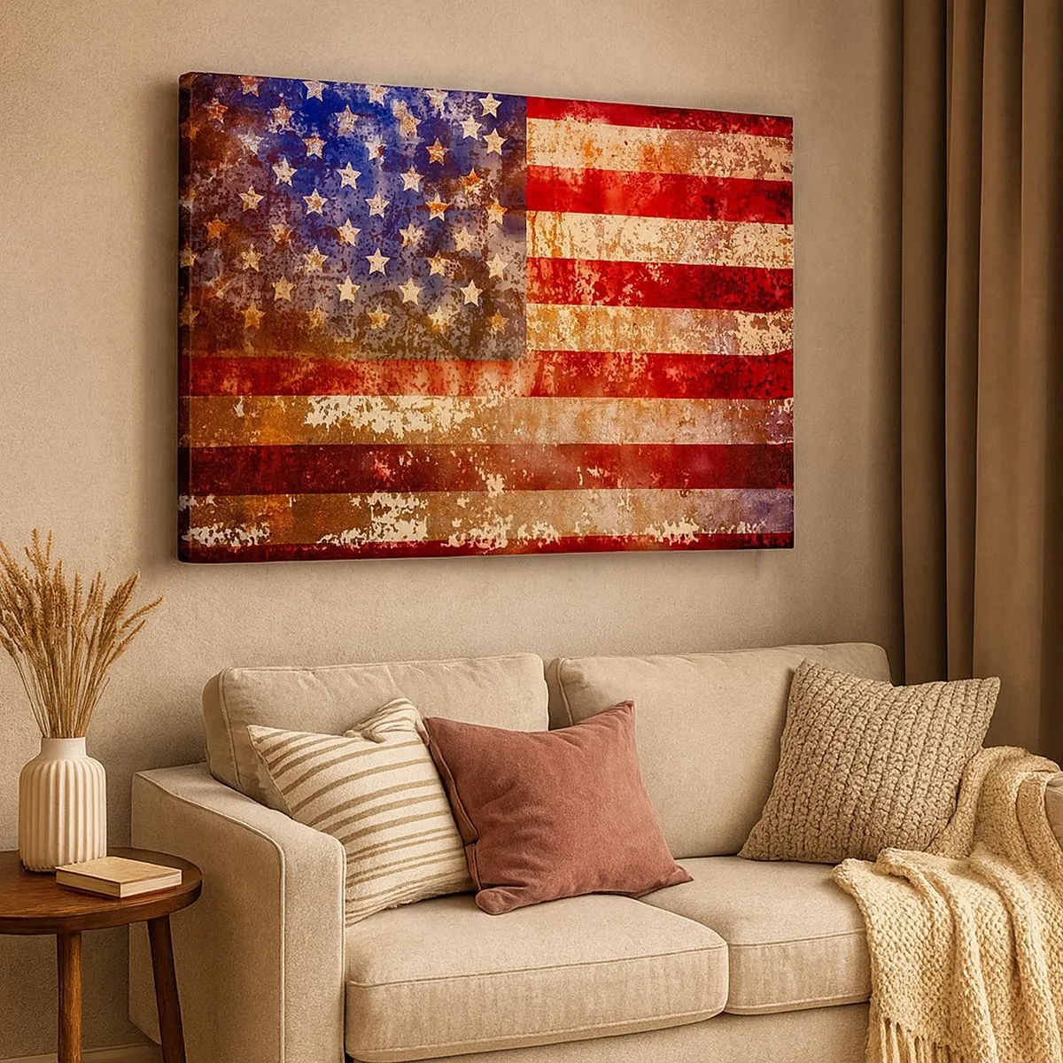 Vászonkép - Stilizált amerikai zászló antikolt hatással - 70x50cm - A dicsőség nem múlik el - Modern fali dekoráció nappalihoz és hálószobához ARTTOR