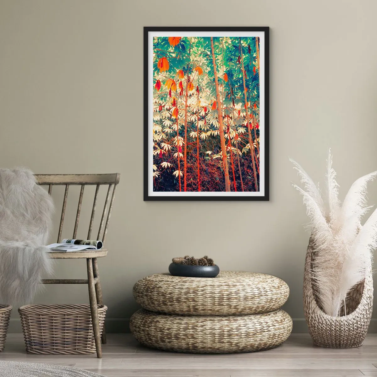Poszter fehér keretben - Egy színes trópusi erdő, melyet vörös és zöld ural - 50x70cm - A levelek titkos élete - Modern fali dekoráció nappalihoz és hálószobához ARTTOR