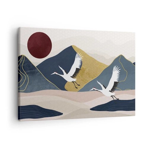 Vászonkép - Daruk repülés közben, hegyek és egy vörös nap hátterében - 70x50cm - És ismét ELREPÜLT a nap - Modern fali dekoráció nappalihoz és hálószobához ARTTOR