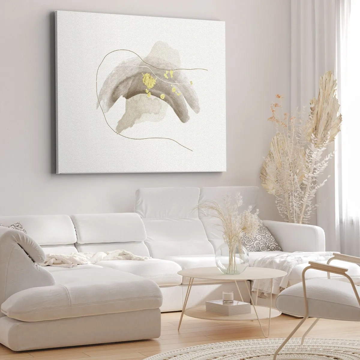 Vászonkép - Egy absztrakt kompozíció bézs és arany árnyalatokban. - 70x50cm - Megtalált az űrben - Modern fali dekoráció nappalihoz és hálószobához ARTTOR