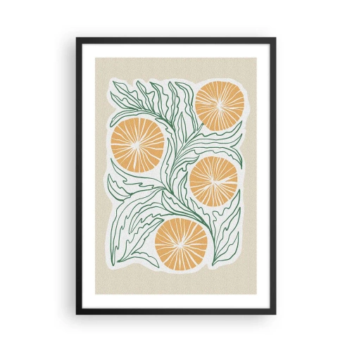 Poszter fehér keretben - Levelek és narancsok absztrakt kompozíciója bézs háttéren - 50x70cm - Etnikus egy csipet absztrakcióval - Modern fali dekoráció nappalihoz és hálószobához ARTTOR