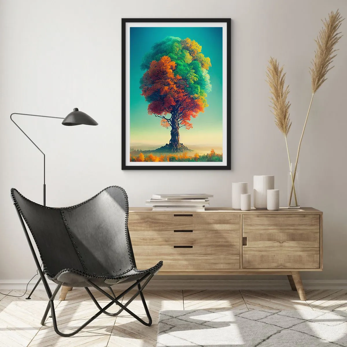 Poszter fehér keretben - Egy fa a négy évszak színeiben - 50x70cm - Tölgy - a természet atyja - Modern fali dekoráció nappalihoz és hálószobához ARTTOR