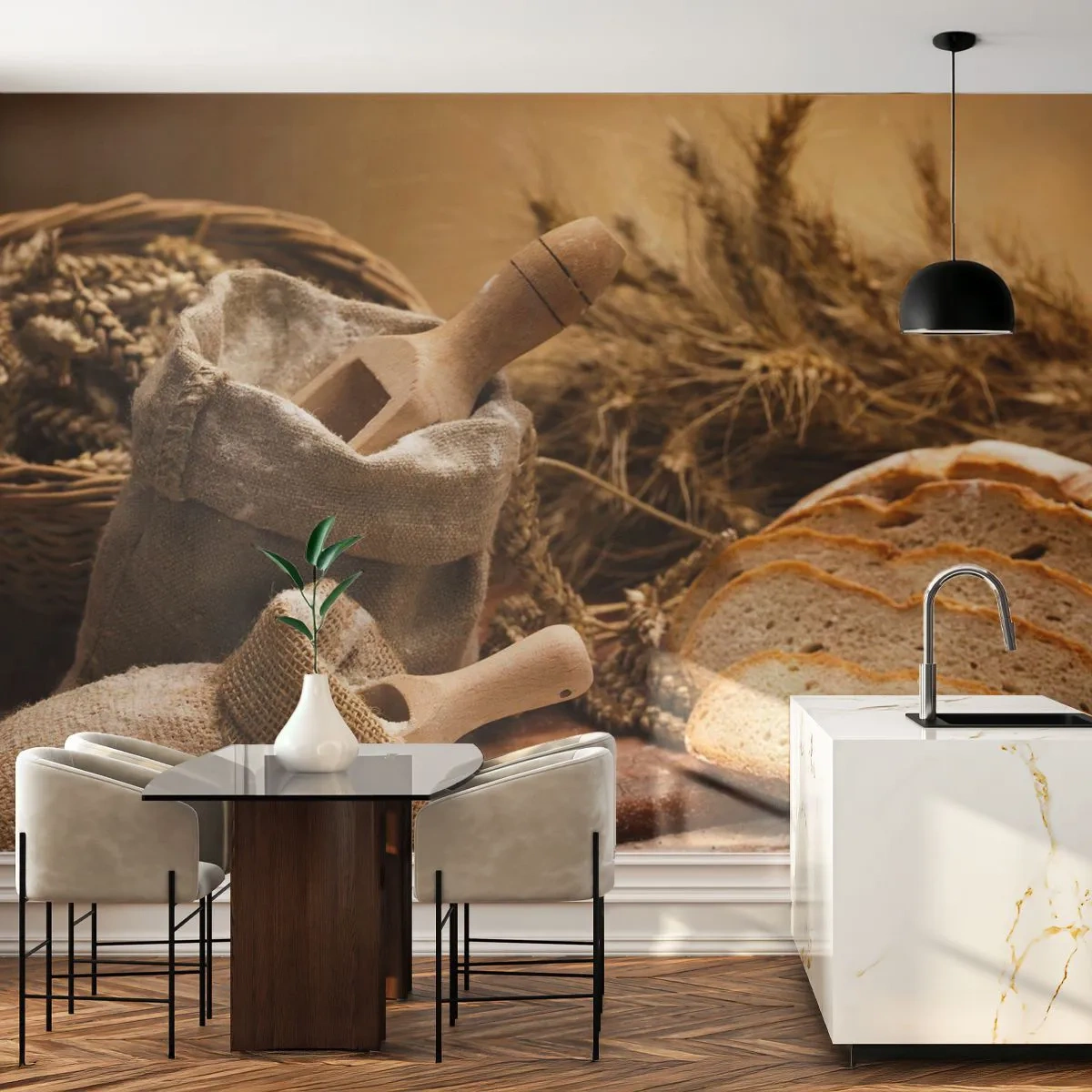 Fotótapéta Premium Sand - Hogyan vágta le a késsel - Gasztronómia, Kenyér, Kenyér - 200x140 cm