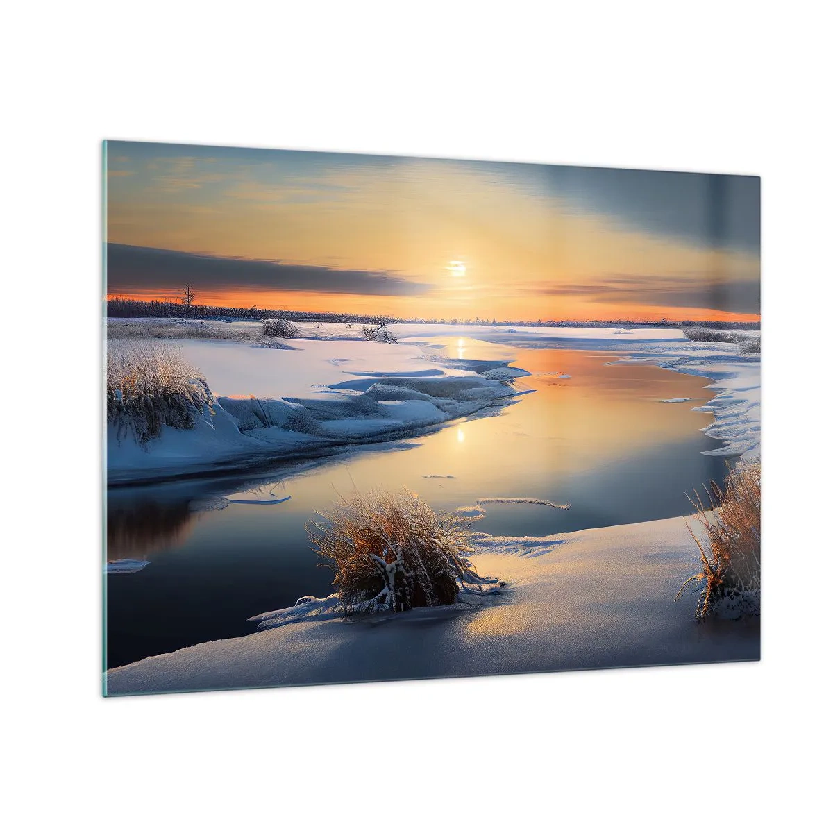 Üveg kép - Téli táj naplementével egy befagyott folyó felett - 70x50cm - Téli naplemente - Modern fali dekoráció nappalihoz és hálószobához ARTTOR