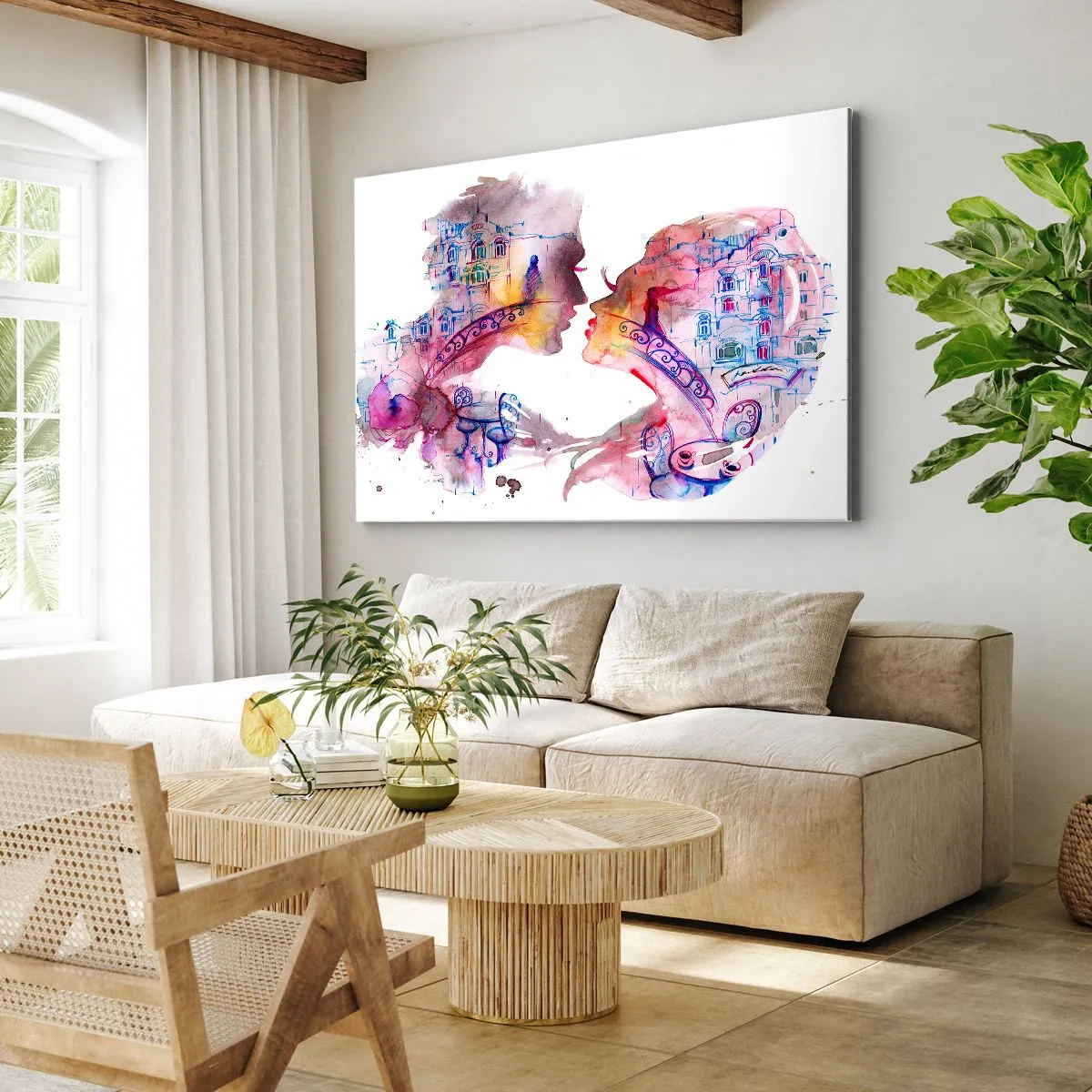 Vászonkép - Romantikus akvarell, amely szerelmesek sziluettjeit ábrázolja - 70x50cm - A sóhajok titkos hídja - Modern fali dekoráció nappalihoz és hálószobához ARTTOR