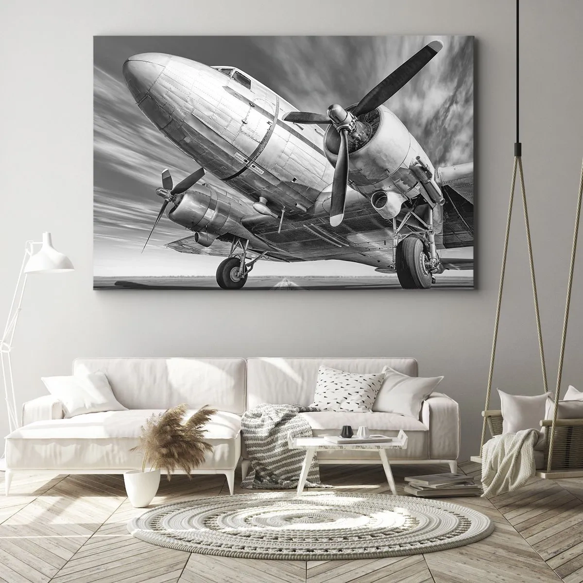 Vászonkép - Egy klasszikus repülőgép fekete-fehér képe látható szerkezeti részletekkel. - 70x50cm - Mindig kész a repülésre - Modern fali dekoráció nappalihoz és hálószobához ARTTOR