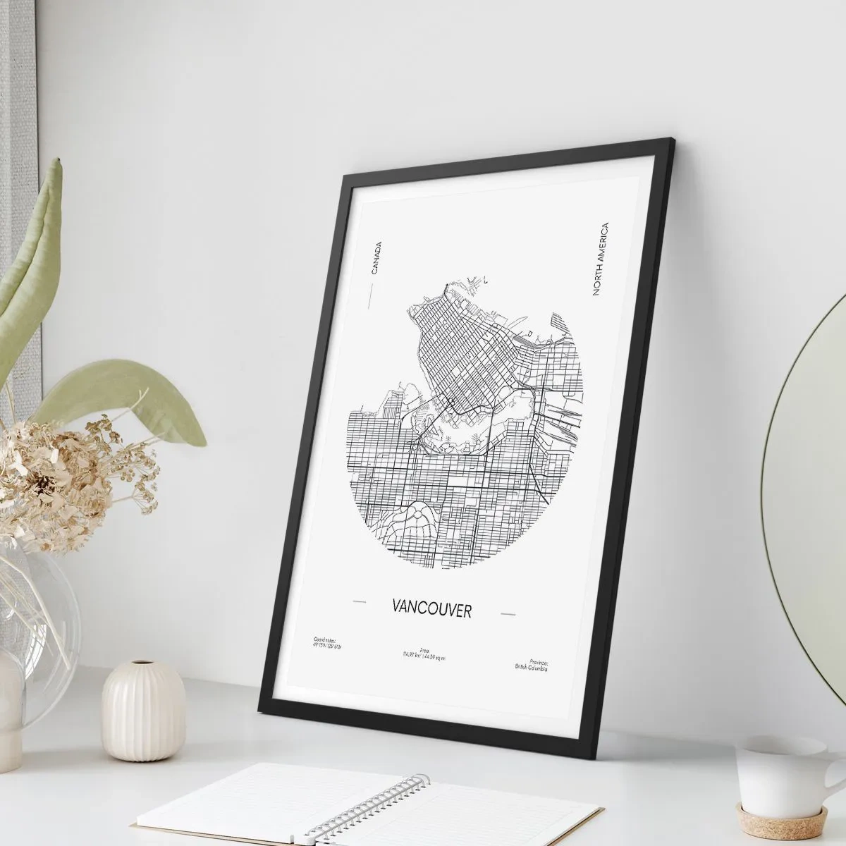Poszter fehér keretben - Vancouver minimalista fekete-fehér térképe - 50x70cm - Vacouver anatómiája - Modern fali dekoráció nappalihoz és hálószobához ARTTOR