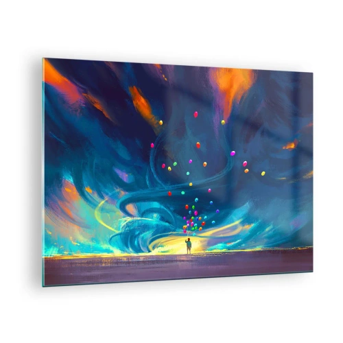 Üveg kép - Egy személy színes lufikat tart a kezében kék szél háttér előtt. - 70x50cm - A kék szélnek - Modern fali dekoráció nappalihoz és hálószobához ARTTOR