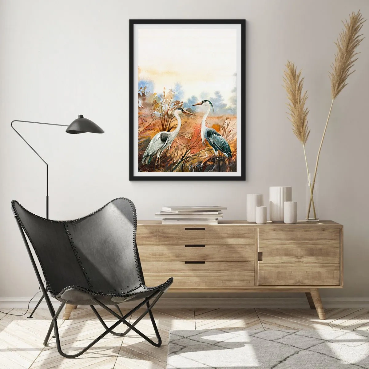 Poszter fehér keretben - Daruk az őszi táj hátterében akvarellben - 50x70cm - Hová ősszel? - Modern fali dekoráció nappalihoz és hálószobához ARTTOR