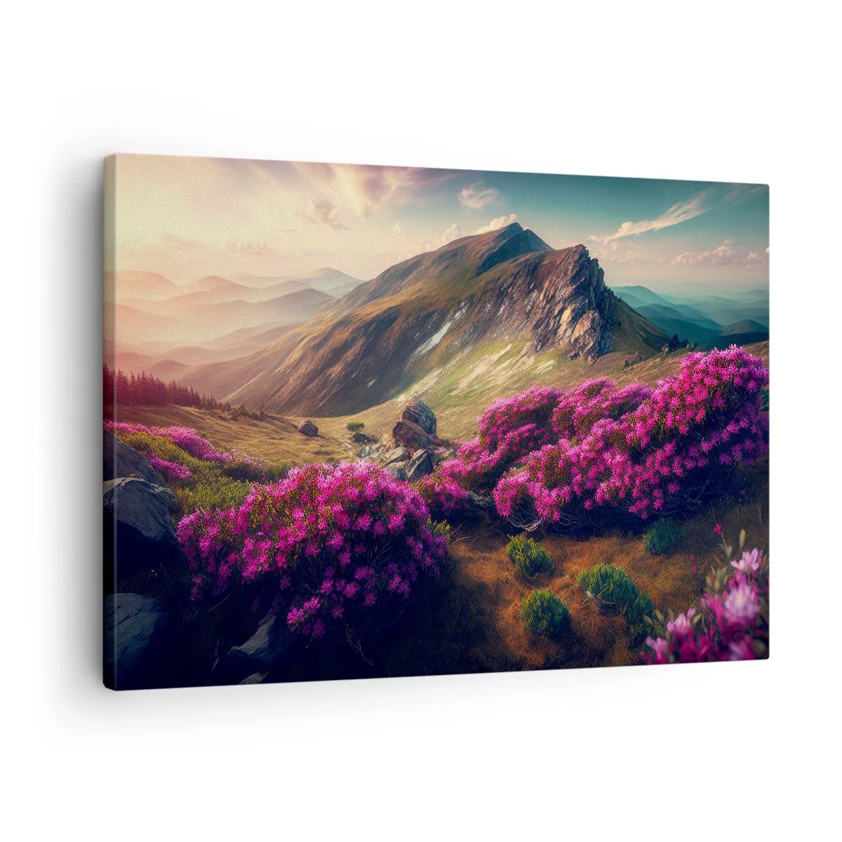 Vászonkép - Hegyi táj virágzó rododendronokkal - 70x50cm - Nyár a hegyekben - Modern fali dekoráció nappalihoz és hálószobához ARTTOR