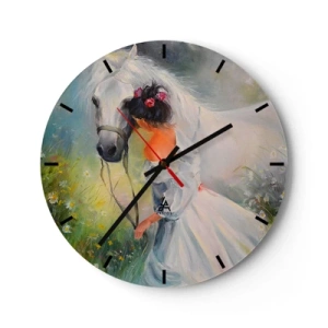 Falióra, Óra - Egy fehér ruhás nő fehér lóval a réten - 30x30cm - Mint egy szép álomból - Modern fali dekoráció nappalihoz, konyhához és hálószobához ARTTOR