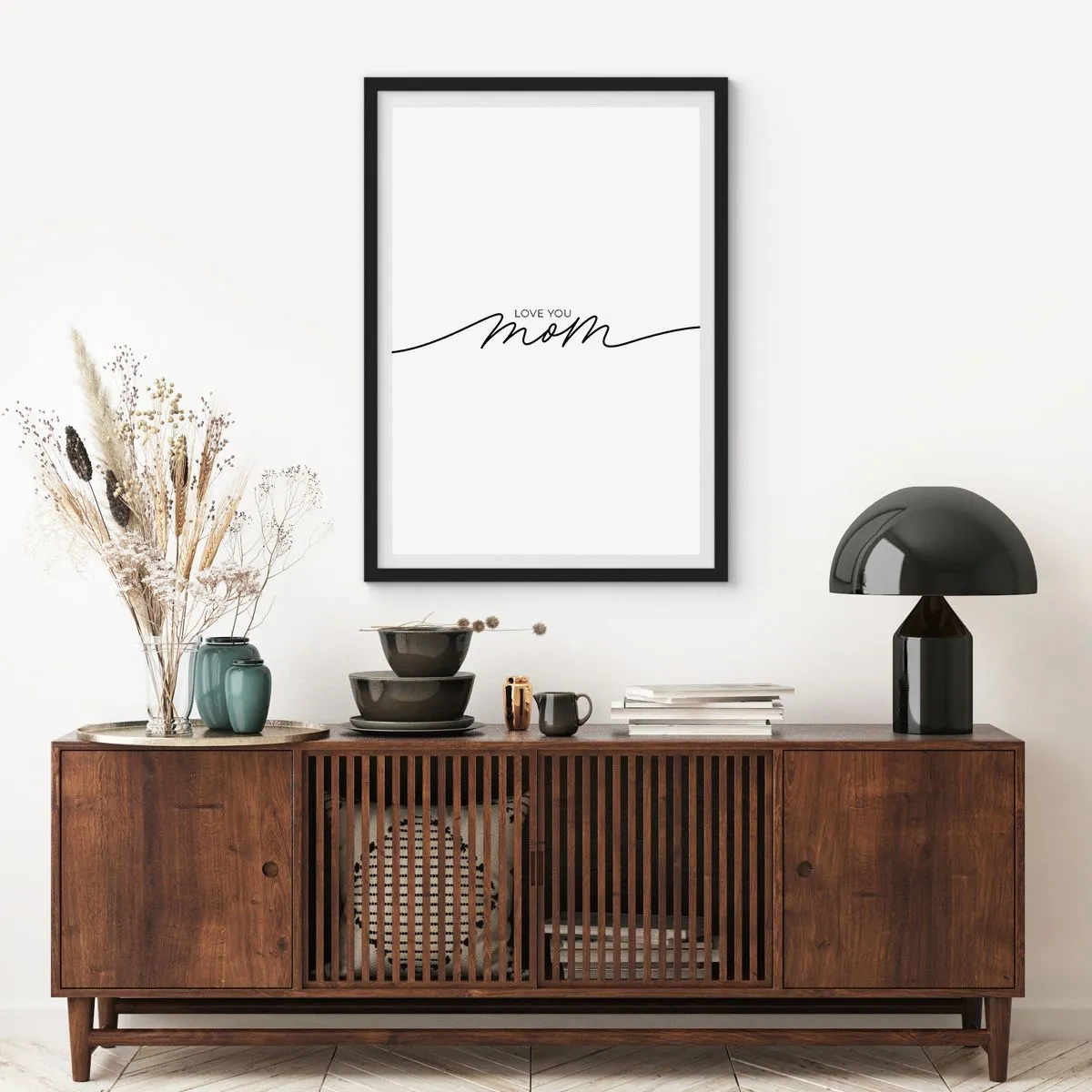 Poszter fehér keretben - Minimalista felirat: Szeretlek anya, fekete vonalakkal - 50x70cm - Nagy megrázás - Modern fali dekoráció nappalihoz és hálószobához ARTTOR