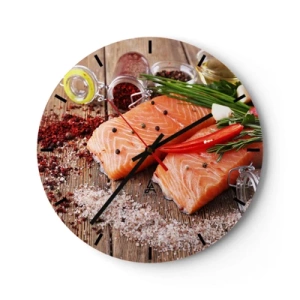 Falióra, Óra - Fűszeres lazacfilé - 30x30cm - Norvég kaland a konyhában - Modern fali dekoráció nappalihoz, konyhához és hálószobához ARTTOR