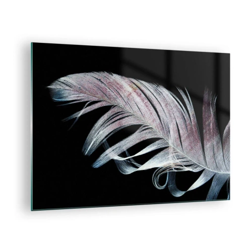 Üveg kép - Egy finom toll fekete alapon, művészi megközelítésben - 70x50cm - Gondolj az érintésre - Modern fali dekoráció nappalihoz és hálószobához ARTTOR