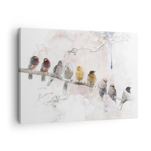 Vászonkép - Színes madarak egy ágon akvarell stílusban - 70x50cm - Szárnyas találkozó - Modern fali dekoráció nappalihoz és hálószobához ARTTOR
