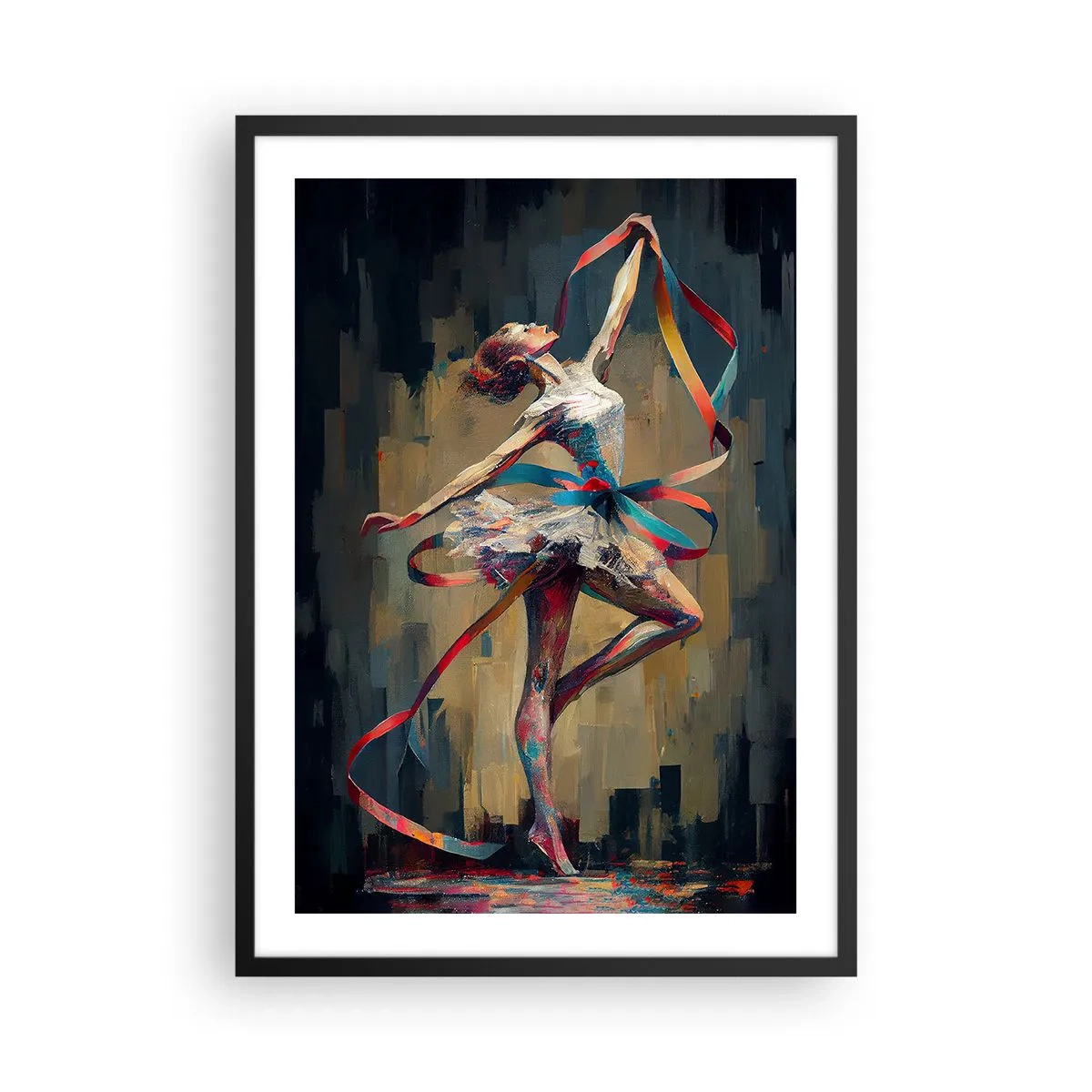 Poszter fehér keretben - Egy táncos dinamikus pózban, színes szalagokkal. - 50x70cm - Tánc egy szalaggal - Modern fali dekoráció nappalihoz és hálószobához ARTTOR