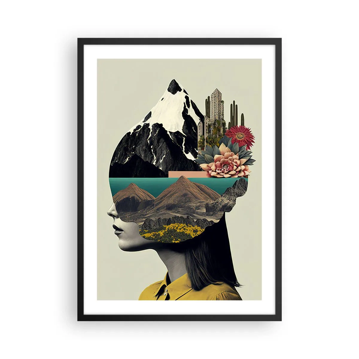 Poszter fehér keretben - Egy nő, akinek szürreális tájképe van a fejében - 50x70cm - Nő - mindig rejtély - Modern fali dekoráció nappalihoz és hálószobához ARTTOR