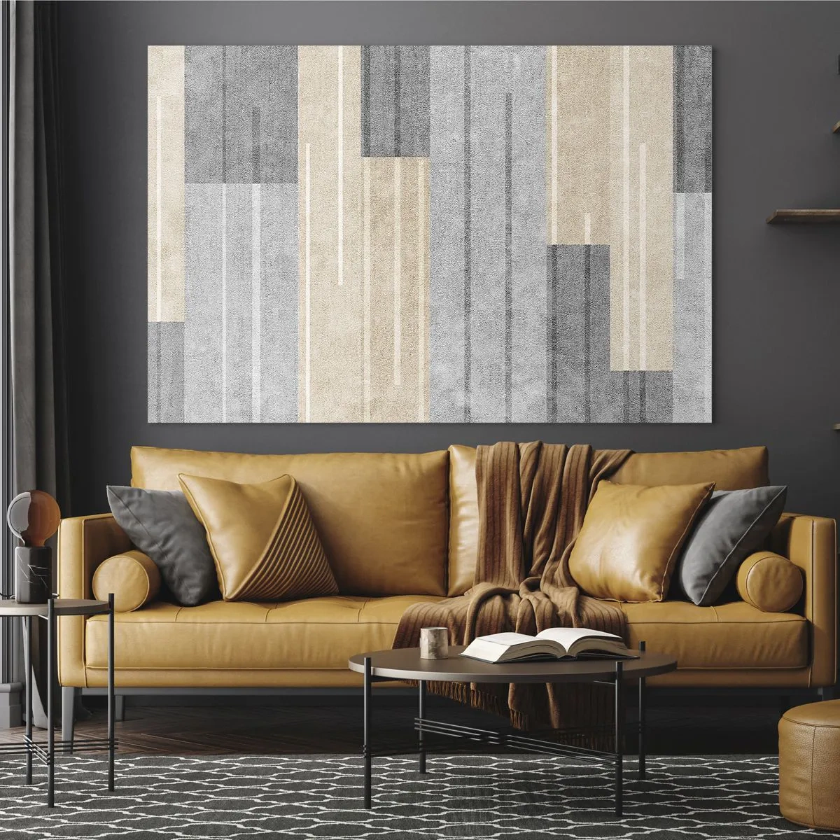 Üveg kép - Geometrikus csíkok szürke és bézs árnyalatokban - 70x50cm - Kompozíció: tartsa a függőlegeset - Modern fali dekoráció nappalihoz és hálószobához ARTTOR