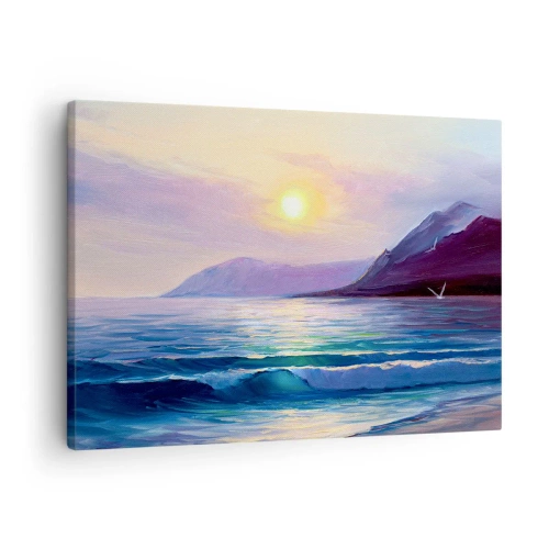 Vászonkép - Festői tengeri tájkép naplementekor hullámokkal és hegyekkel - 70x50cm - Víz és levegő kristály - Modern fali dekoráció nappalihoz és hálószobához ARTTOR