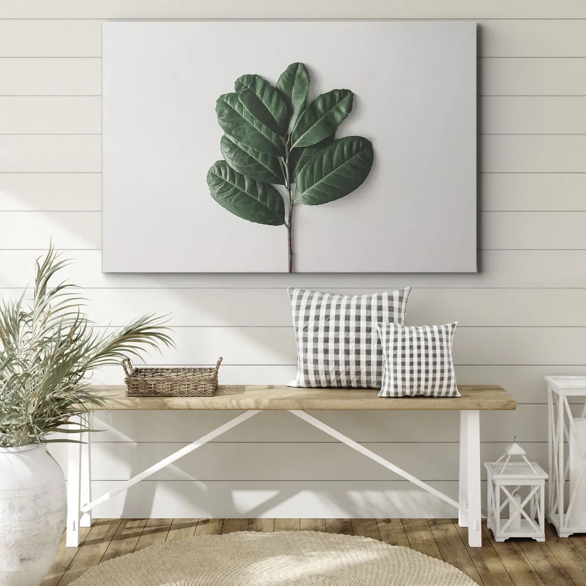 Vászonkép - Egy szál zöld levél világos háttér előtt - 70x50cm - Rajz csak a természetről - Modern fali dekoráció nappalihoz és hálószobához ARTTOR