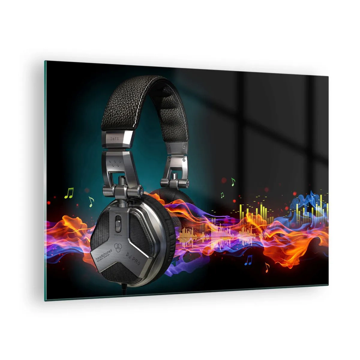 Üveg kép - DJ fejhallgató színes hanghullámokkal és hangjegyekkel - 70x50cm - A zene tüzében - Modern fali dekoráció nappalihoz és hálószobához ARTTOR